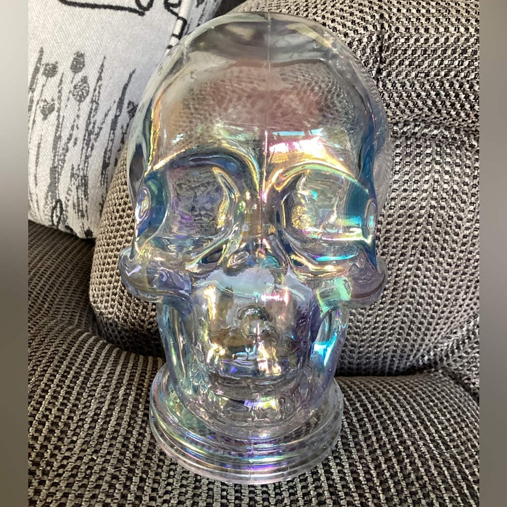 Halloween Iridescent Glass Skull 5.5”, open bottom will accommodate tea light